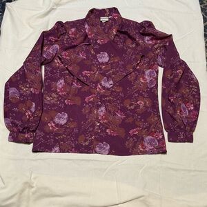 Vintage 70s Floral Secretary Blouse Plum Poet Sleeve Dagger Collar Sz 12 Med